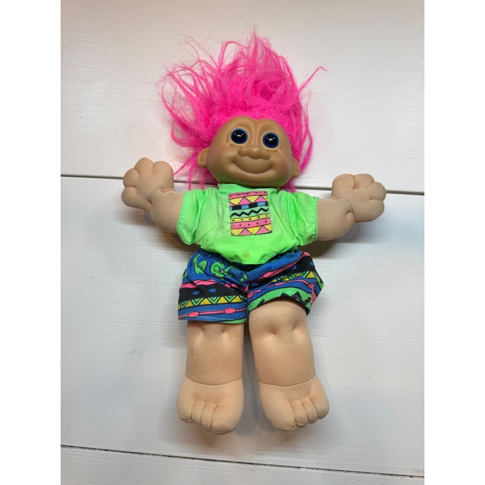 Vintage Russ Berrie Troll Doll Neon Pink Hair Soft Body 90s Geometric Outfit